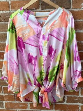 Chico’s Satin Tie-Front Balloon Sleeve Top - Watercolor Print - Size 3 (16)